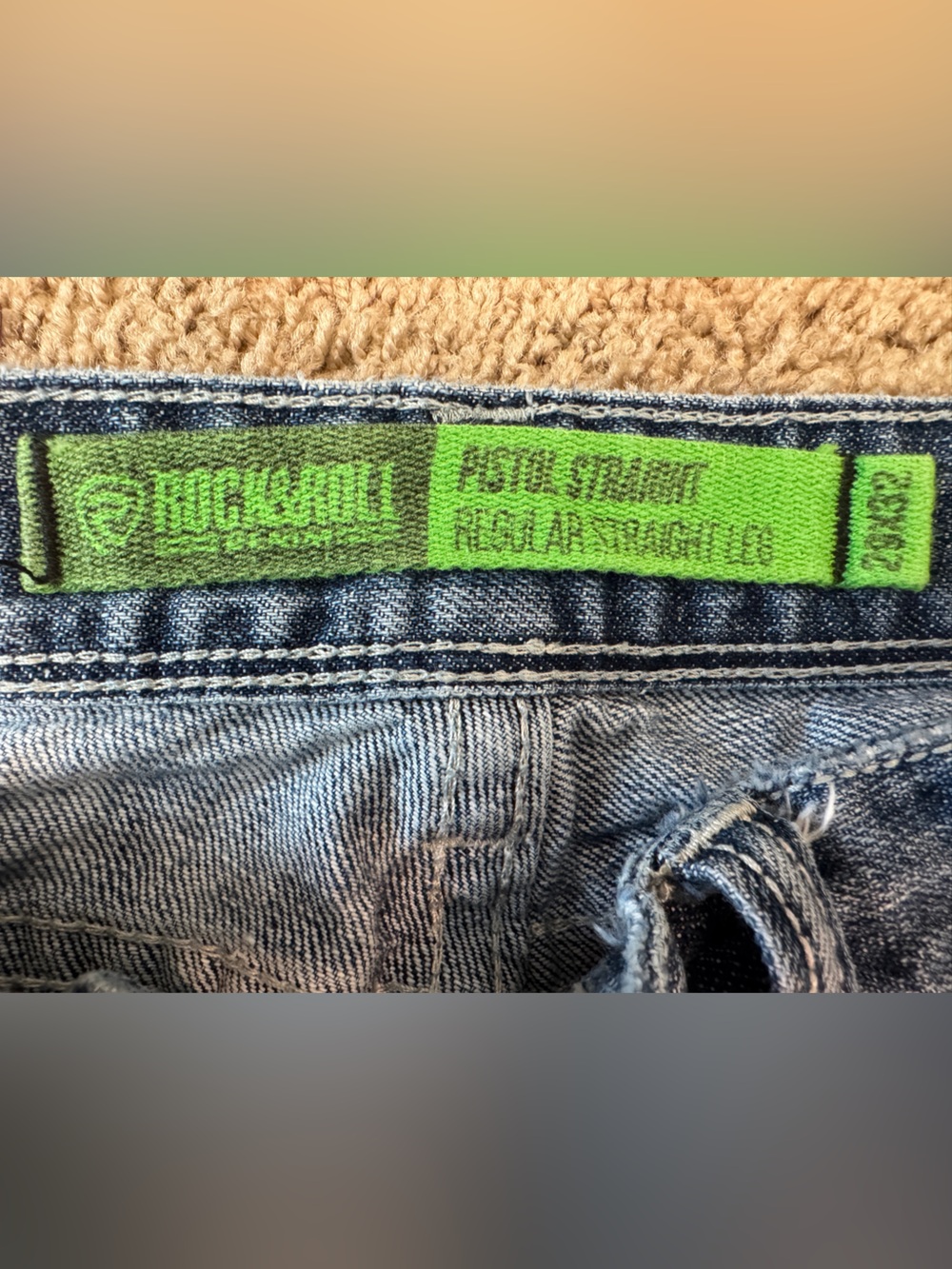 Rock & Republic Blue Denim Jeans with Neon Green Waistband Accent